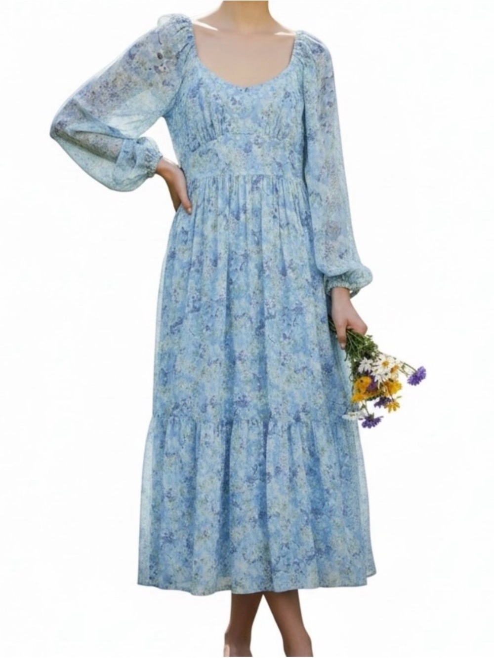 & Other Stories Light Blue Floral Long Sleeve Maxi Dress Cottagecore
